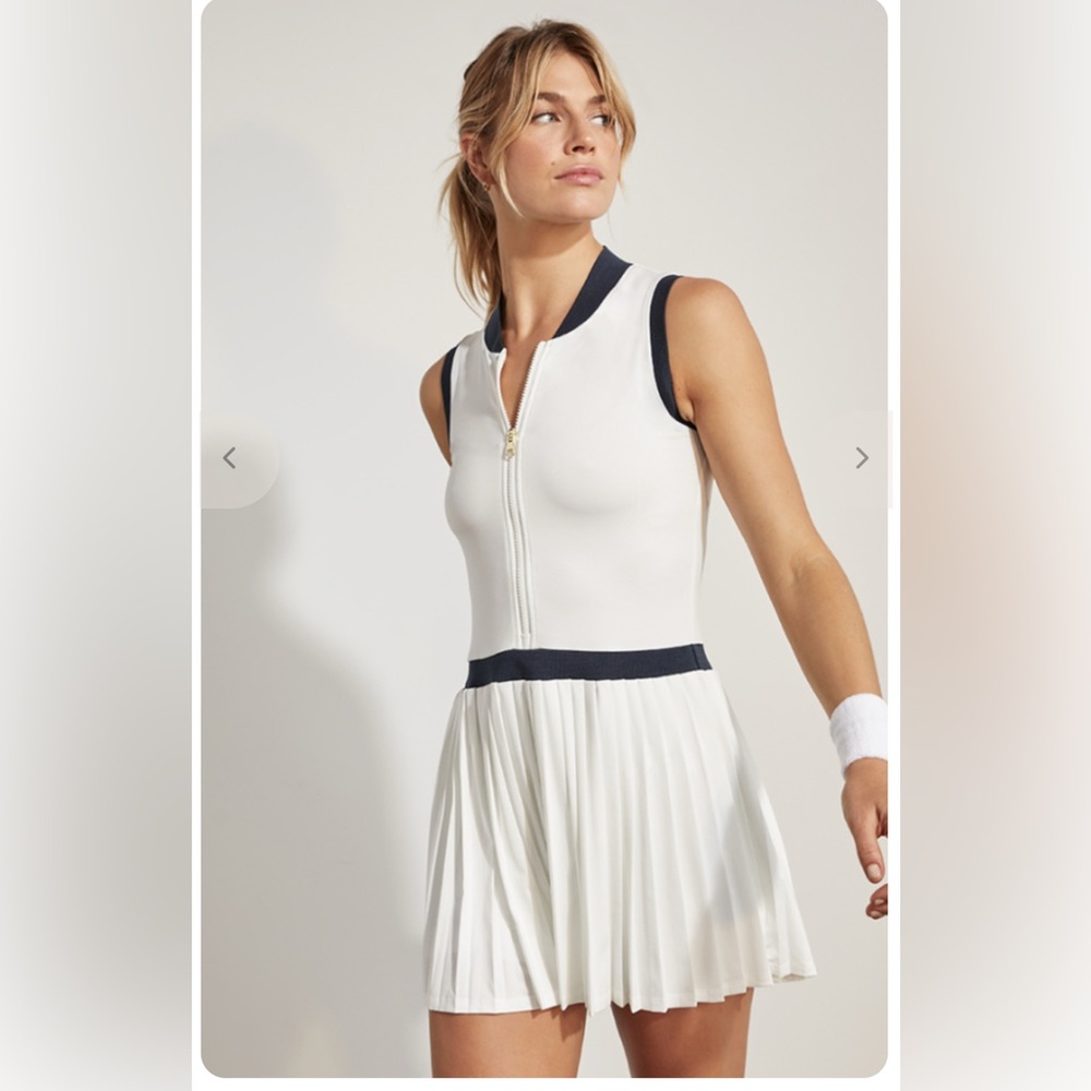 Varley White and Navy Sleeveless Pleated Tennis Dress